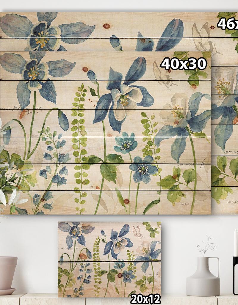 Designq Bluebell And Columbine Wild Flowers With Butterfly - Cabin & Lodge Print On Natural Pine Wood