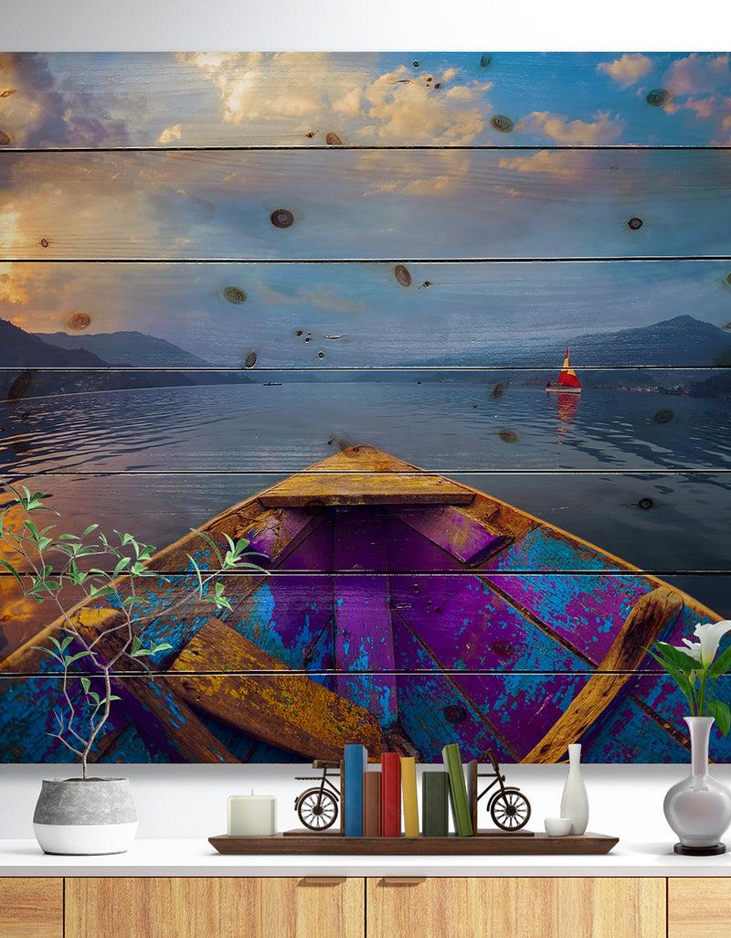 designq Boat in Himalaya Mountains Lake - Boat Print on Natural Pine Wood