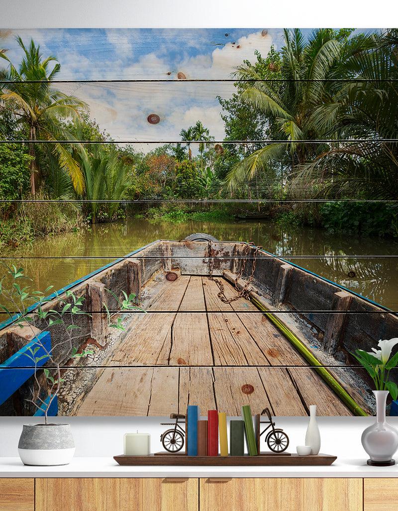 designq Boat in Mekong River Vietnam - Landscape Print on Natural Pine Wood