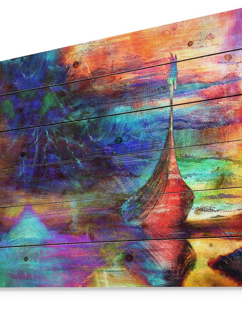 Designq Boat With Wood Dragon - Sea & Shore Painting Print On Natural Pine Wood