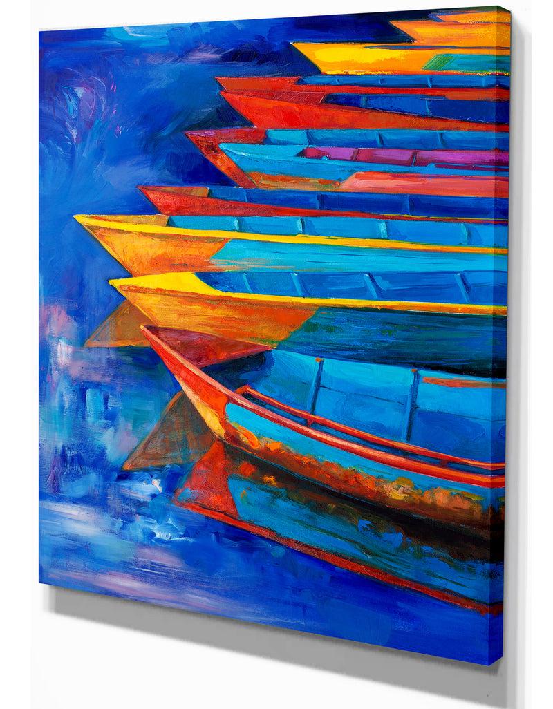Designq Boats And Jetty At Pier In Oil Painting - Sea & Shore Painting Print On Wrapped Canvas