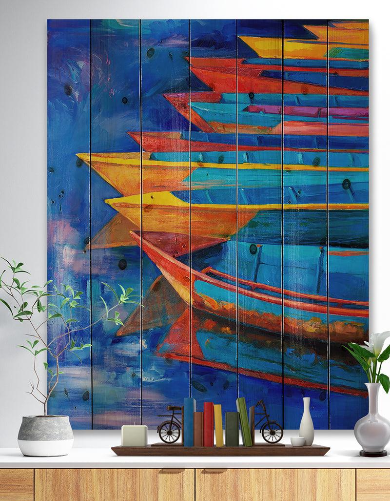 designq Boats and Jetty at Pier in Oil Painting - Sea & Shore Painting Print on Natural Pine Wood