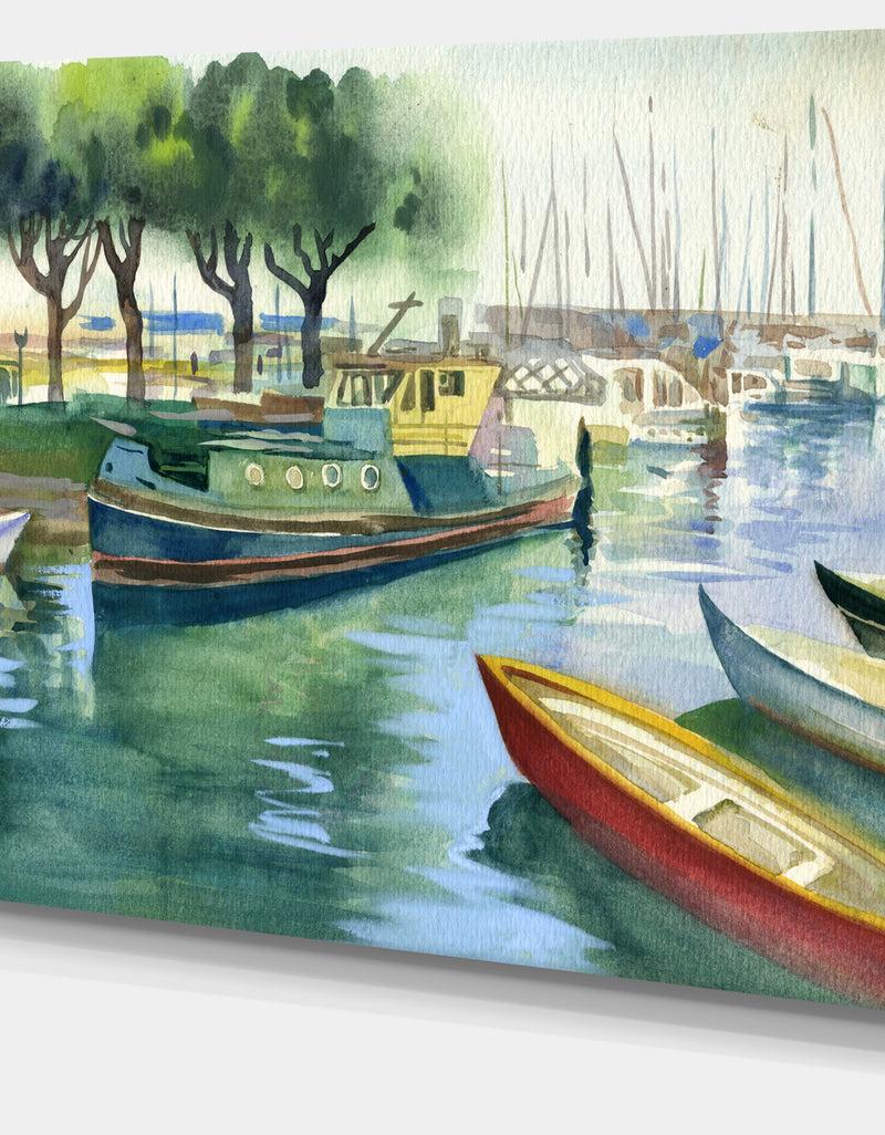 Designq Boats In River Watercolor - Landscape Wall Artwork
