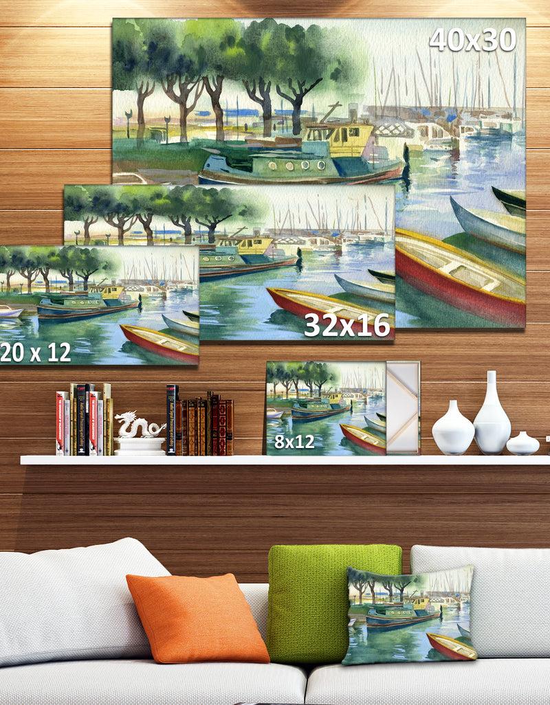 Designq Boats In River Watercolor - Landscape Wall Artwork