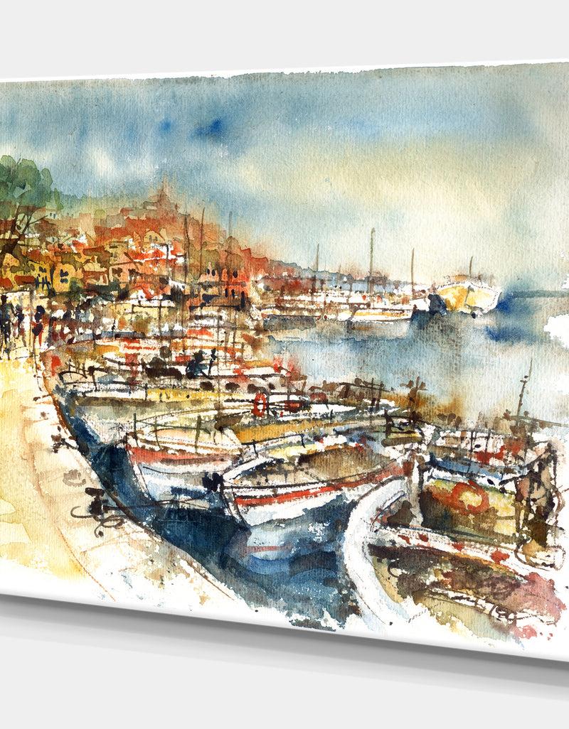 Designq Boats In The Harbor - Sea & Shore Painting Print On Wrapped Canvas