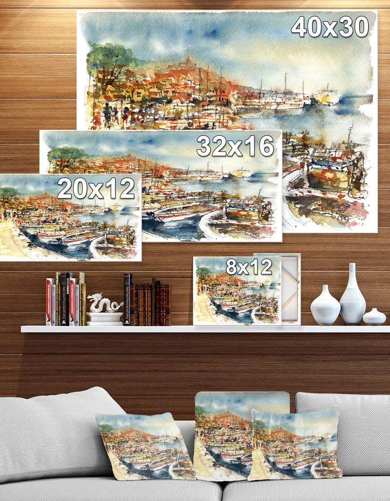 Designq Boats In The Harbor - Sea & Shore Painting Print On Wrapped Canvas