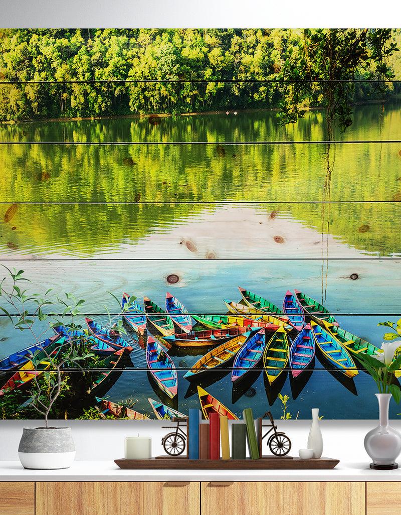 designq Boats in the Lake Pokhara Nepal - Boat Print on Natural Pine Wood
