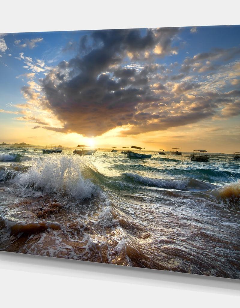 Designq Boats In The Ocean - Sea & Shore Painting Print On Wrapped Canvas