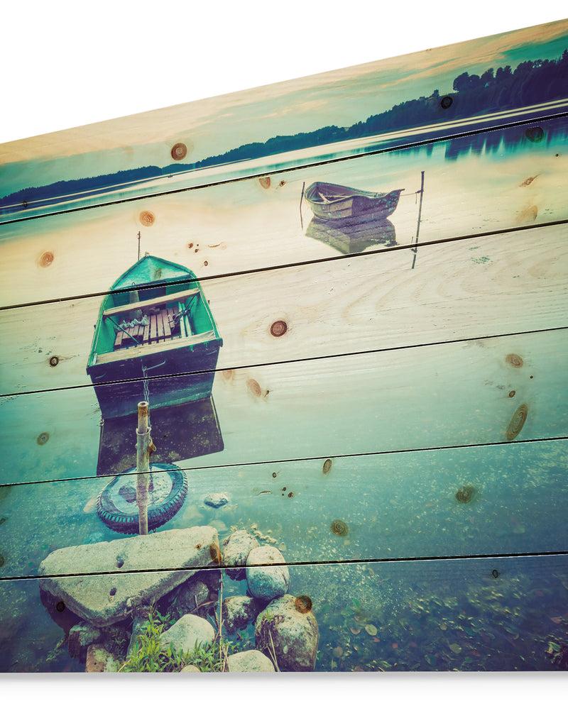 Designq Boats In Vintage Style Lake - Boat Print On Natural Pine Wood