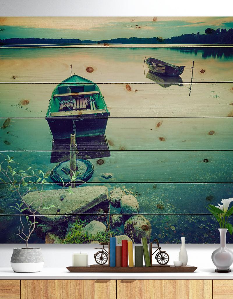designq Boats in Vintage Style Lake - Boat Print on Natural Pine Wood