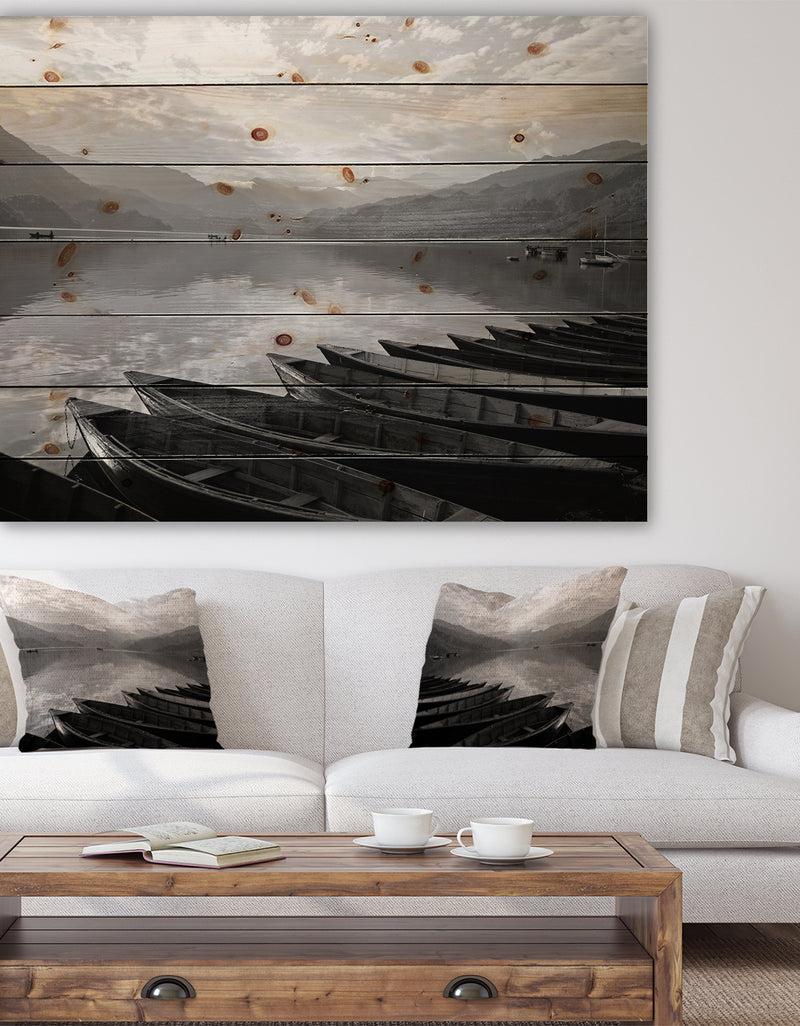 designq Boats Lined up on Pokhara Lake - Boat Print on Natural Pine Wood