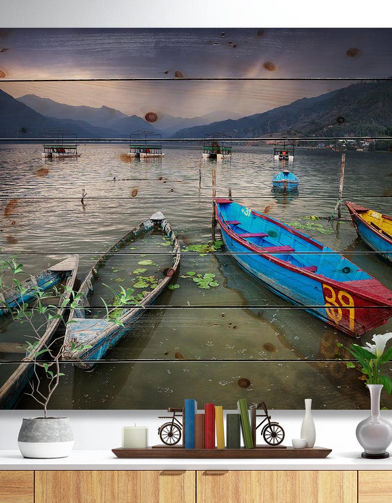 designq Boats near Pokhara Lake - Boat Print on Natural Pine Wood