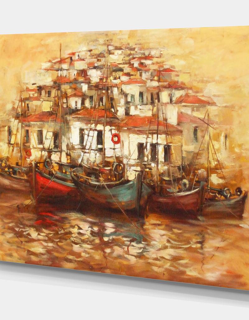 Designq Boats On The Island Harbor Oil Painting - Sea & Shore Painting Print On Wrapped Canvas