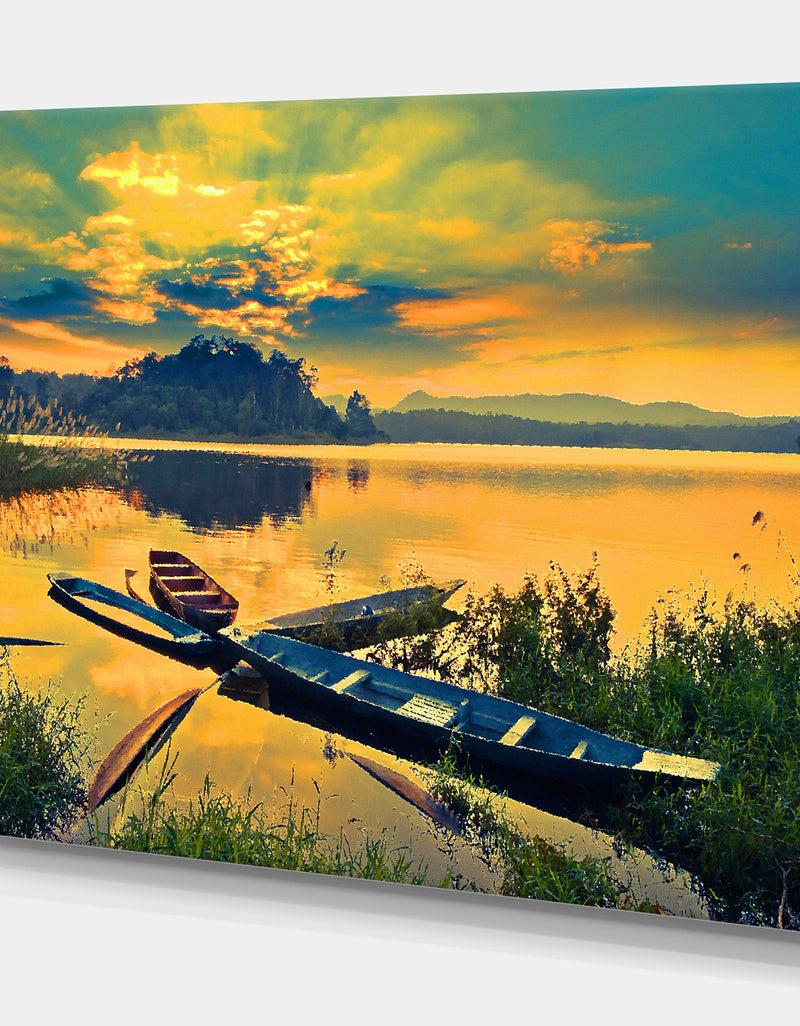 Designq Boats On Water Twilight After Sunset - Sea & Shore Painting Print On Wrapped Canvas