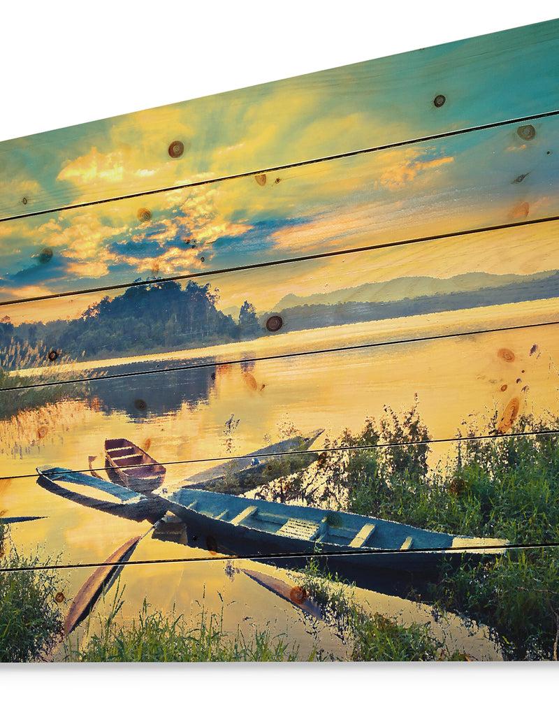 Designq Boats On Water Twilight After Sunset - Sea & Shore Painting Print On Natural Pine Wood