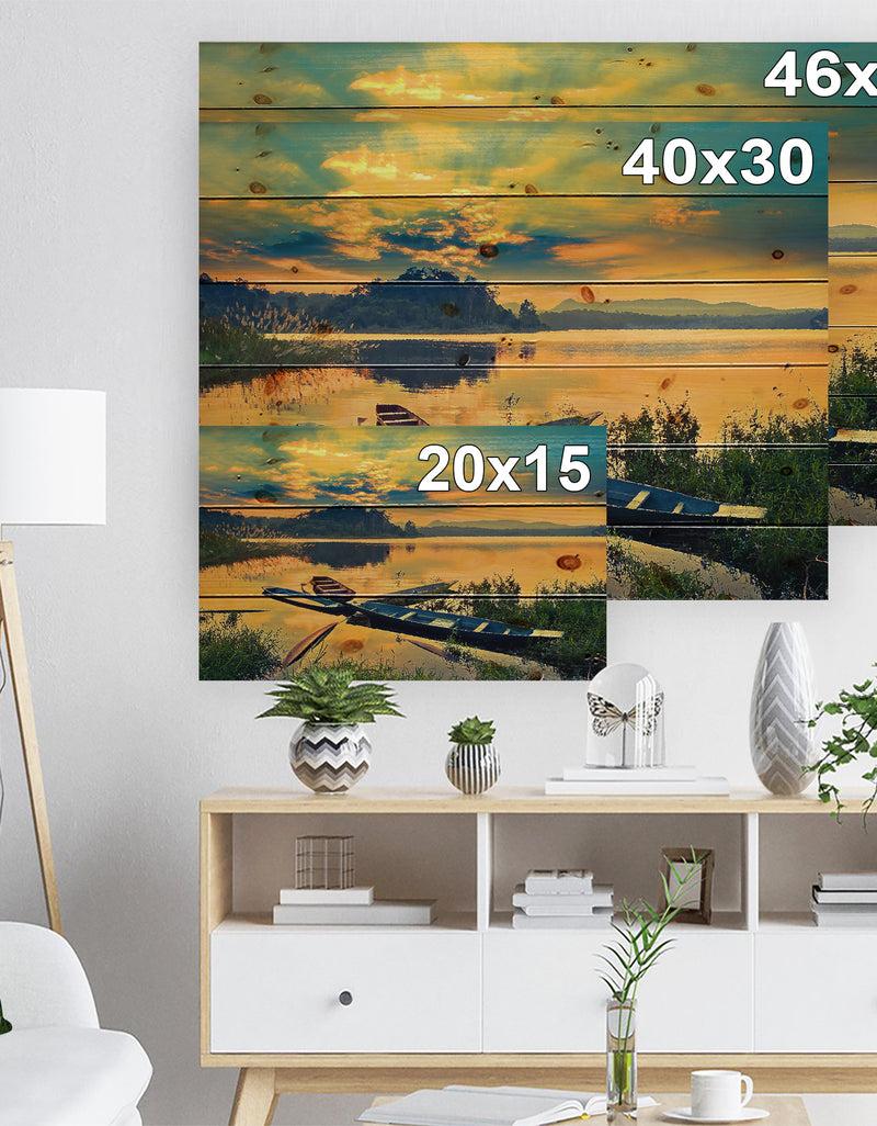Designq Boats On Water Twilight After Sunset - Sea & Shore Painting Print On Natural Pine Wood