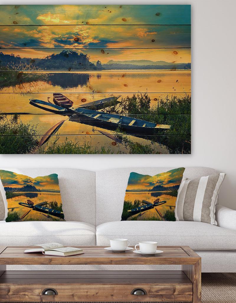 designq Boats on Water Twilight after Sunset - Sea & Shore Painting Print on Natural Pine Wood
