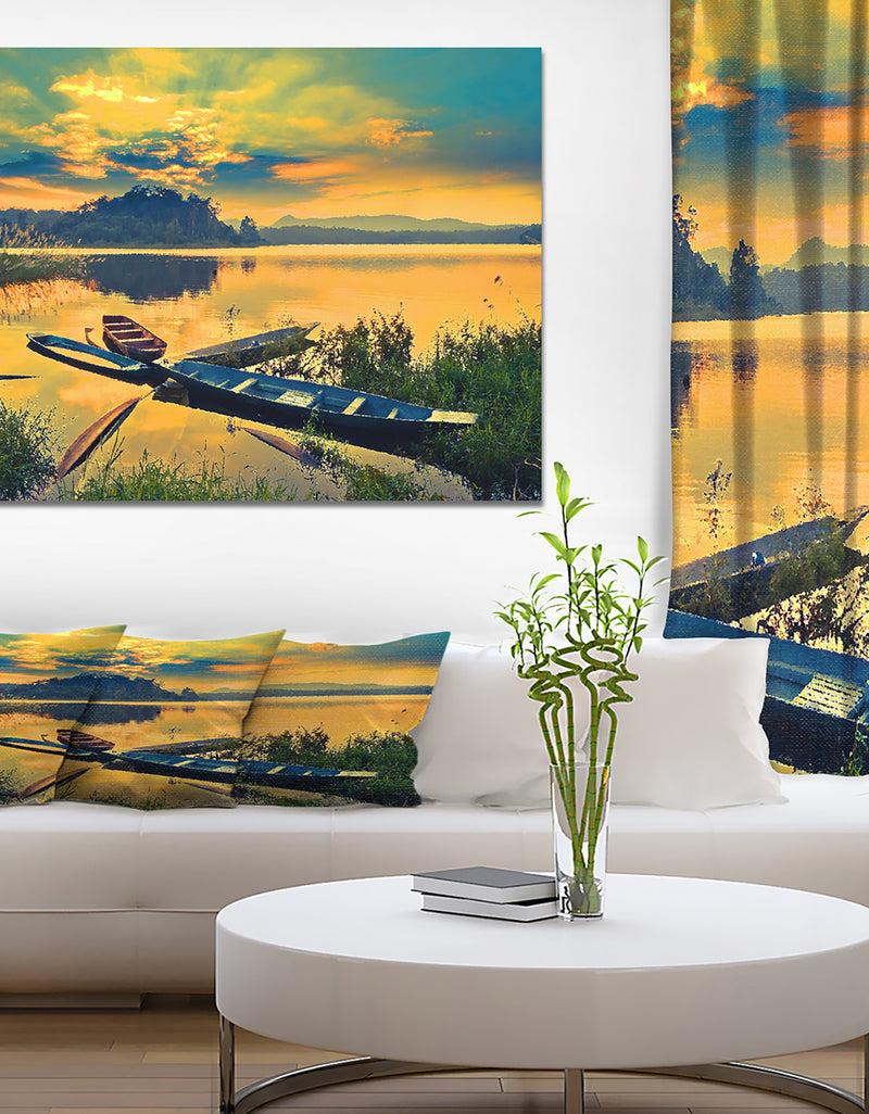 designq Boats on Water Twilight after Sunset - Sea & Shore Painting Print on Wrapped Canvas