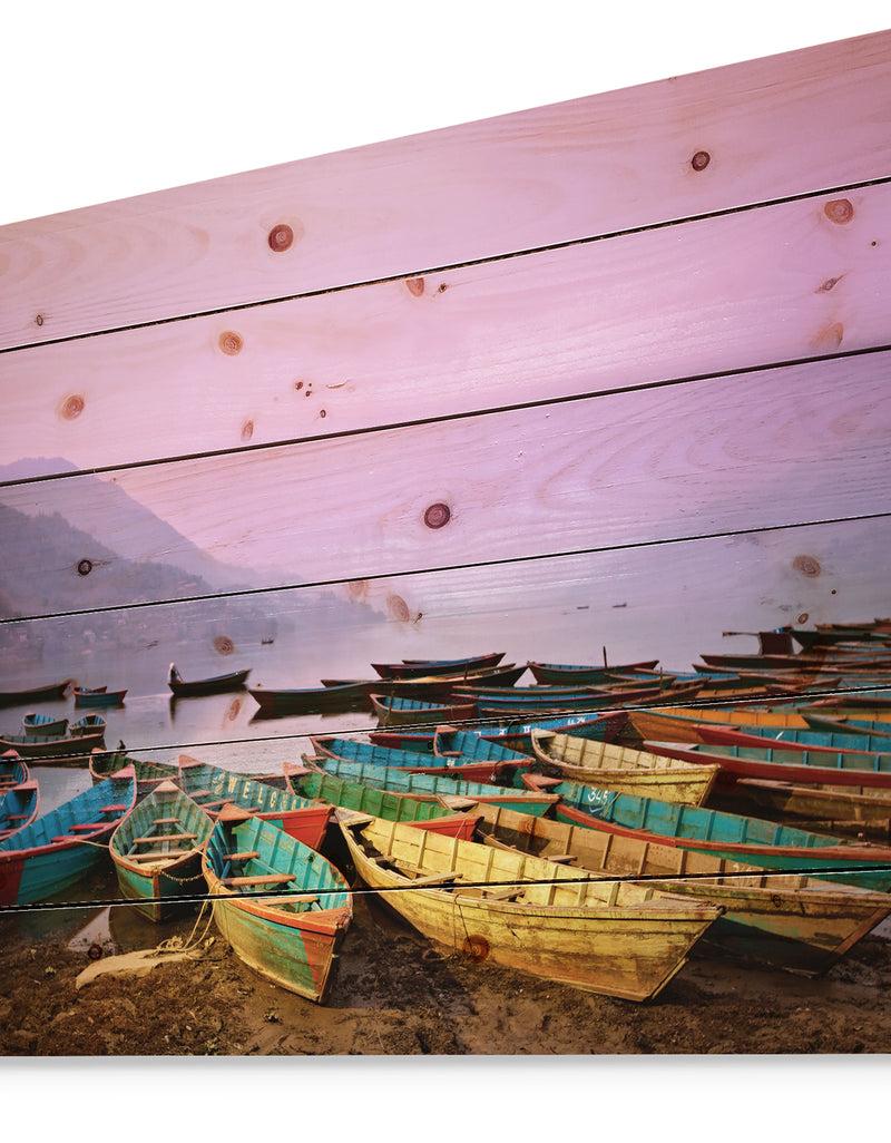 Designq Boats Under Twilight Sky In Phewa - Boat Print On Natural Pine Wood