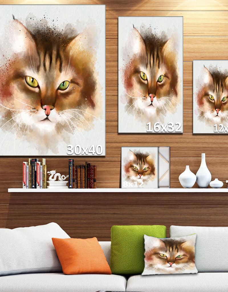 Designq Bold Brown Cat Watercolor Sketch - Large Animal Canvas Artwork