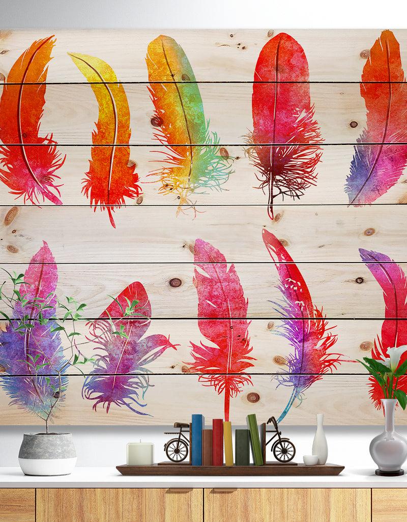 designq Bright Colorful Feather Set - Animals Painting Print on Natural Pine Wood