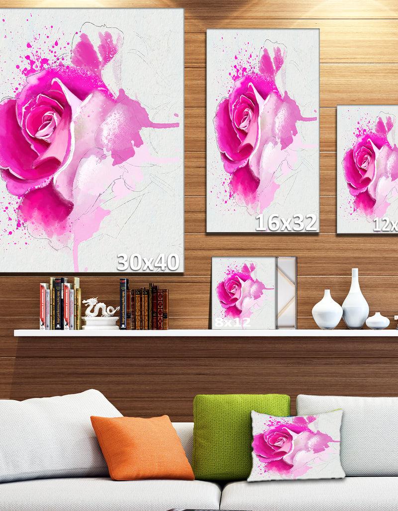 Designq Bright Pink Rose Flower Watercolor - Flowers Canvas Wall Artwork