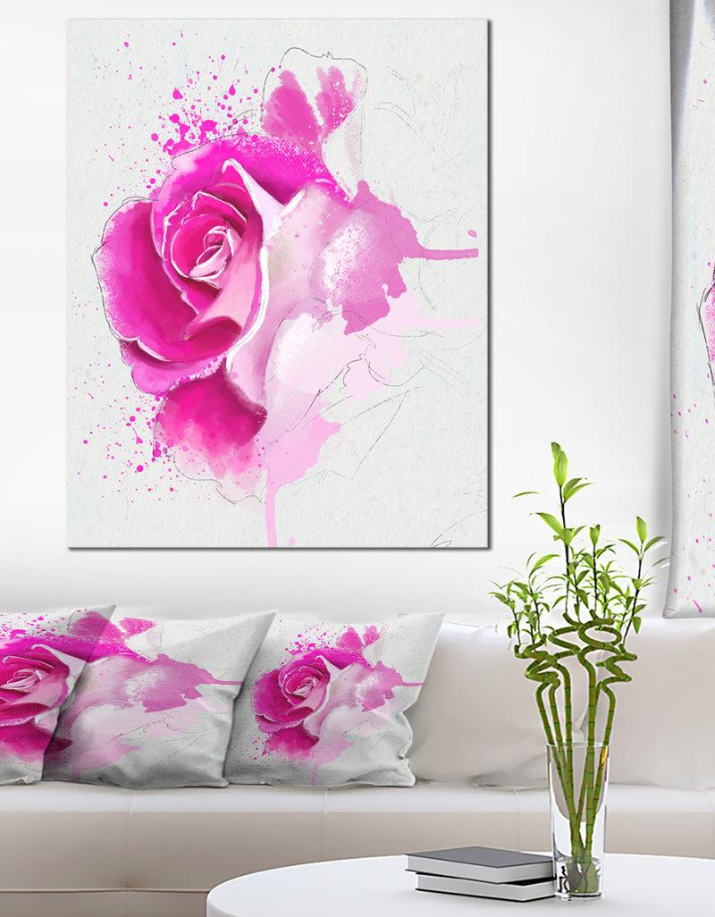 designq Bright Pink Rose Flower Watercolor - Flowers Canvas Wall Artwork
