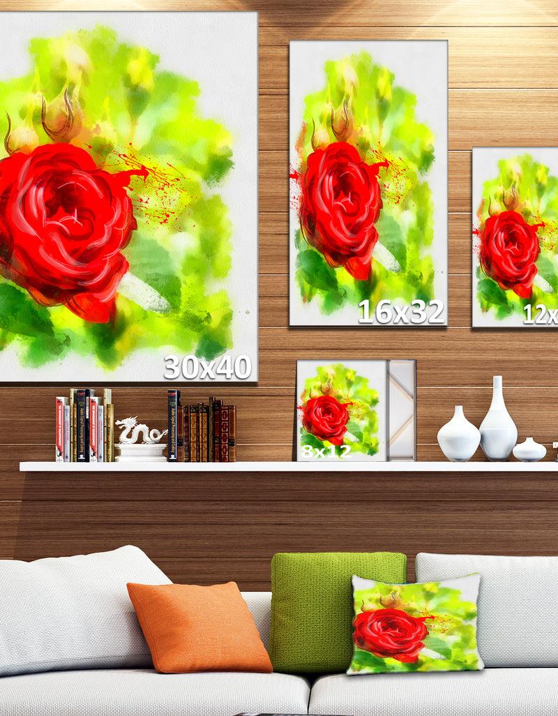 Designq Bright Red Rose On Light Green - Modern Floral Canvas Wall Art