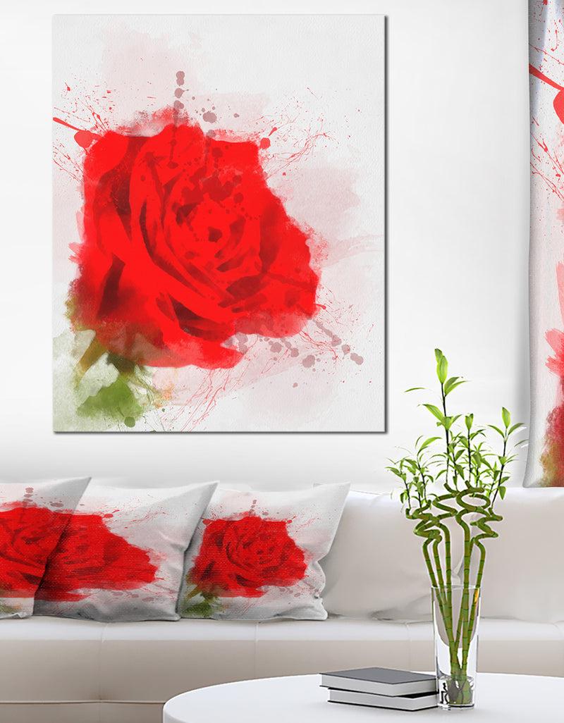designq Bright Red Watercolor Rose Sketch - Floral Canvas Artwork Print