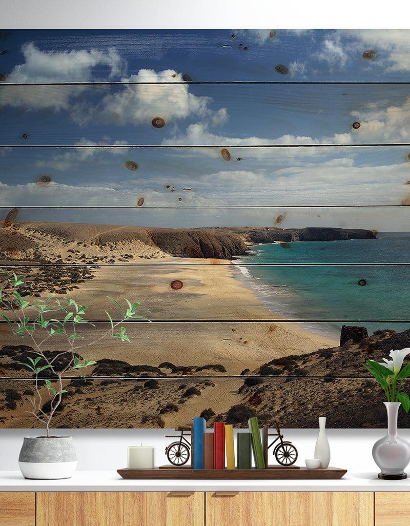 designq Bright Seashore with Blue Waters - Seashore Print on Natural Pine Wood