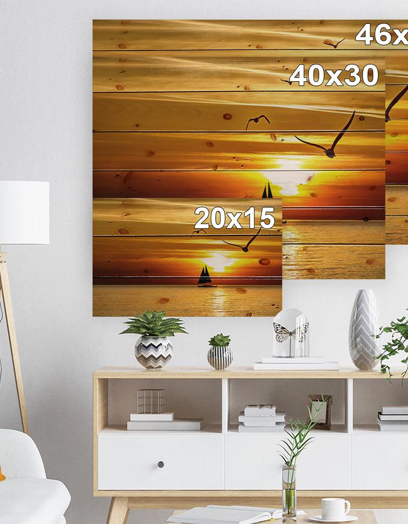 Designq Bright Yellow Beach With Birds - Seashore Print On Natural Pine Wood