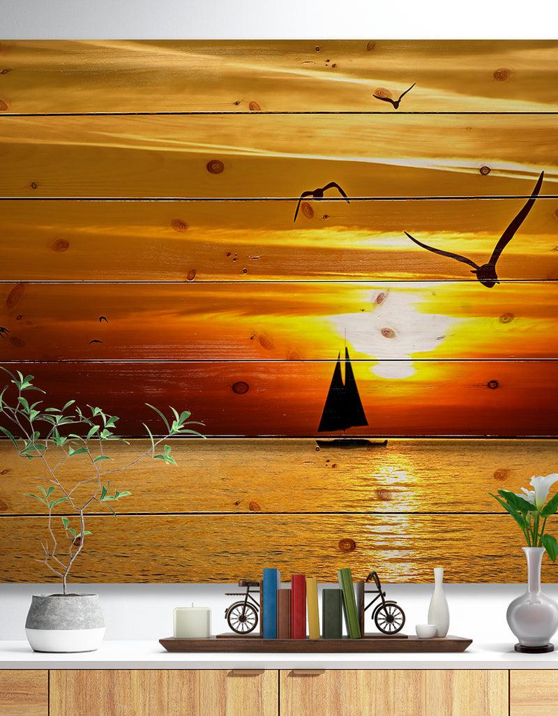 designq Bright Yellow Beach with Birds - Seashore Print on Natural Pine Wood