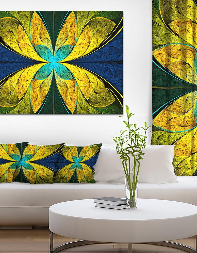 designq Bright Yellow Blue Fractal Flower - Extra Large Floral Wall Art on Canvas