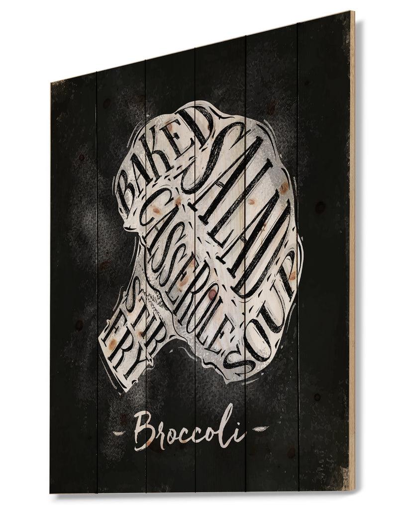 Designq Broccoli Cutting Scheme Chalk - Farmhouse Food Painting Print On Natural Pine Wood
