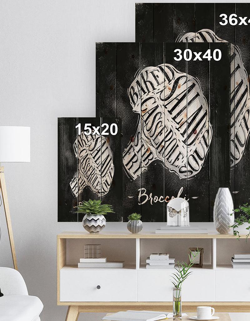Designq Broccoli Cutting Scheme Chalk - Farmhouse Food Painting Print On Natural Pine Wood