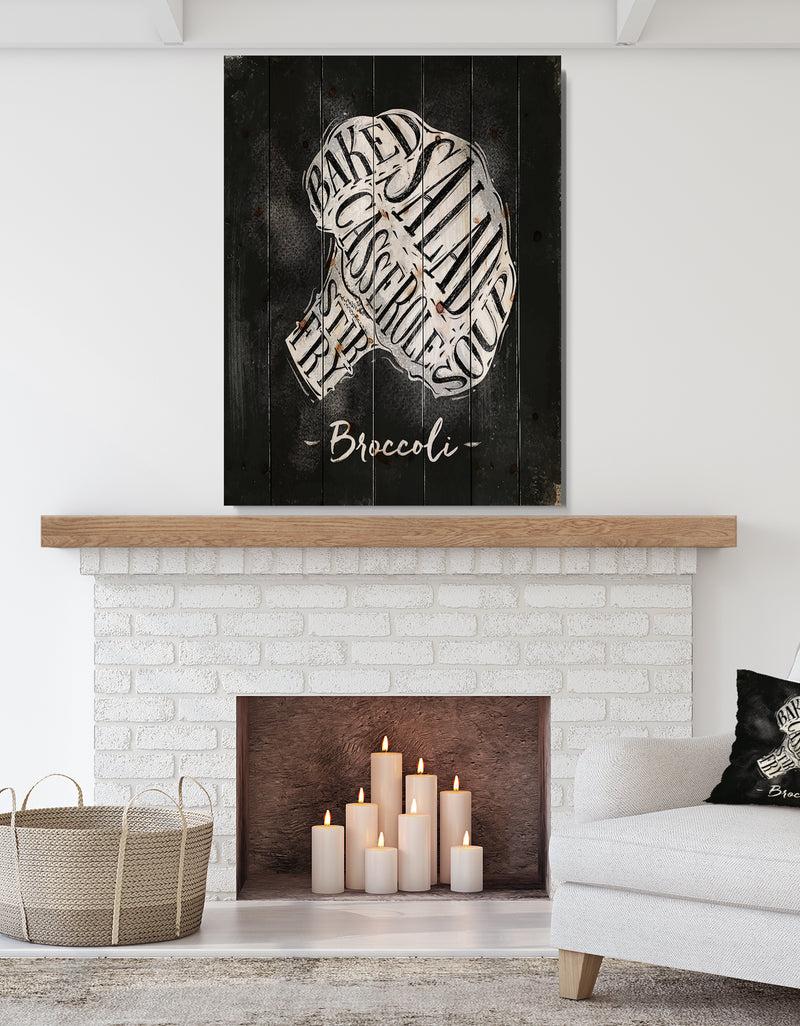 designq Broccoli cutting scheme chalk - Farmhouse Food Painting Print on Natural Pine Wood