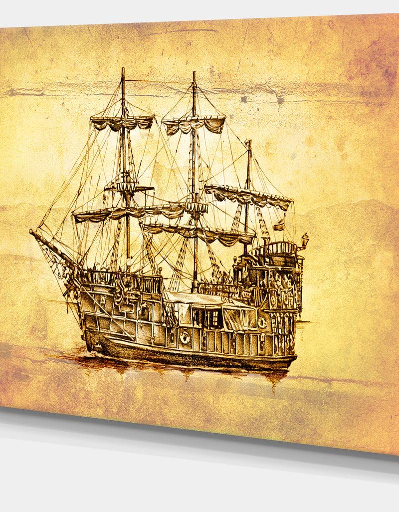 Designq Brown Ancient Moving Boat - Seashore Wall Art On Canvas