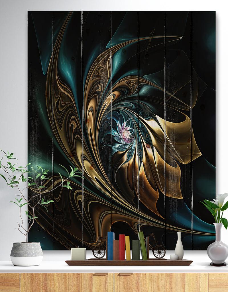 designq Brown Blue Fractal Flower in Black - Abstract Print on Natural Pine Wood