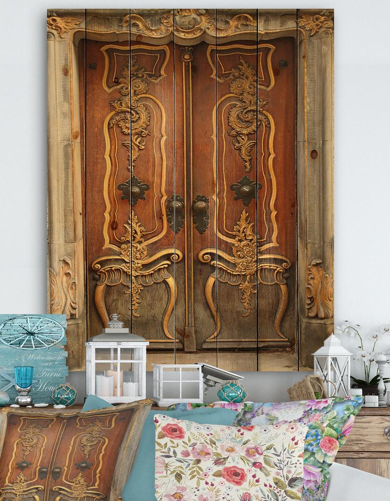 designq Brown Old Door With Gold Ornaments - Vintage Premium Canvas Wall Art