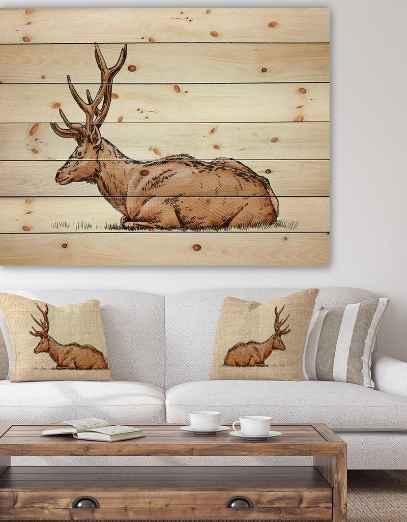 designq Brush painting ink draw deer illustration - Animals Painting Print on Natural Pine Wood