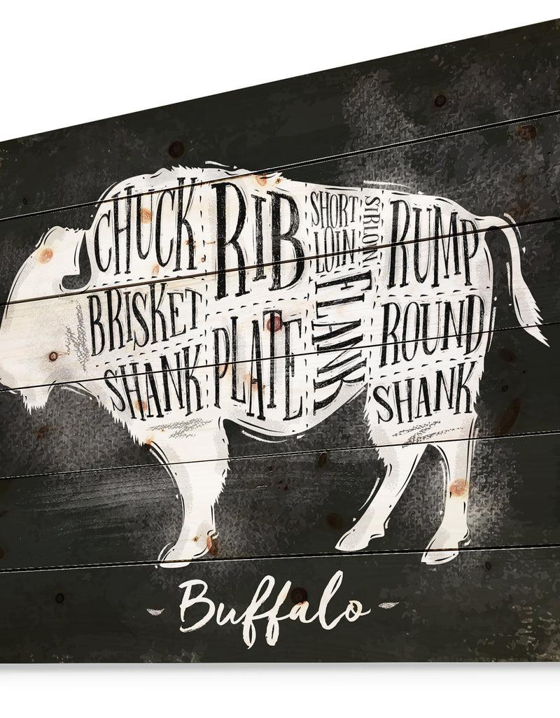 Designq Buffalo Cutting Scheme Chalk - Farmhouse Animal Painting Print On Natural Pine Wood