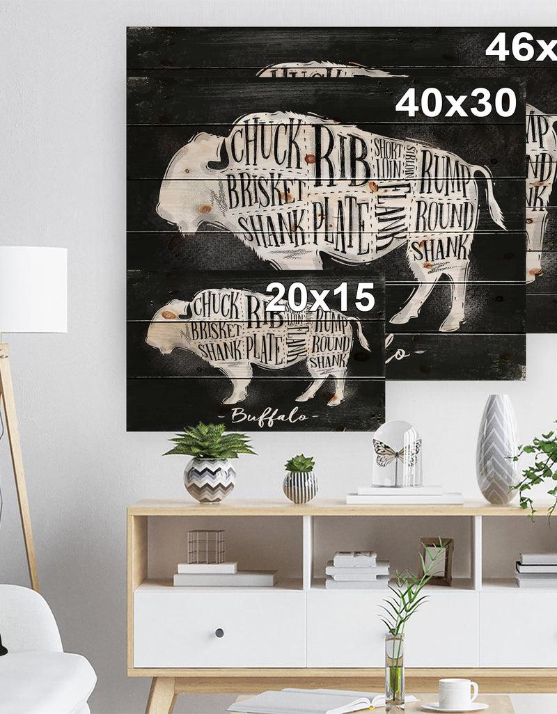 Designq Buffalo Cutting Scheme Chalk - Farmhouse Animal Painting Print On Natural Pine Wood