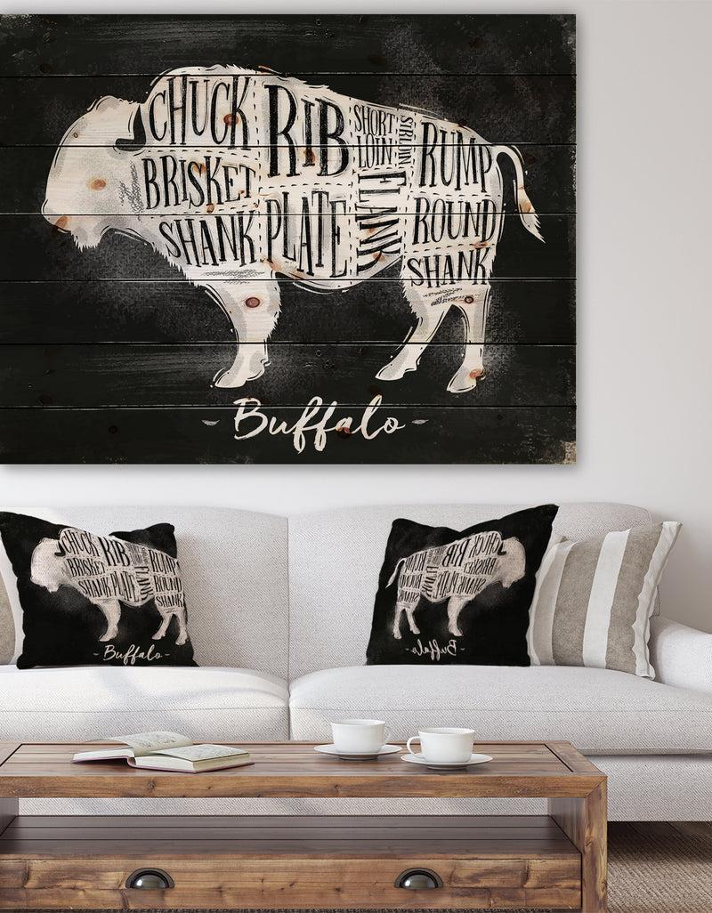 designq Buffalo cutting scheme chalk - Farmhouse Animal Painting Print on Natural Pine Wood