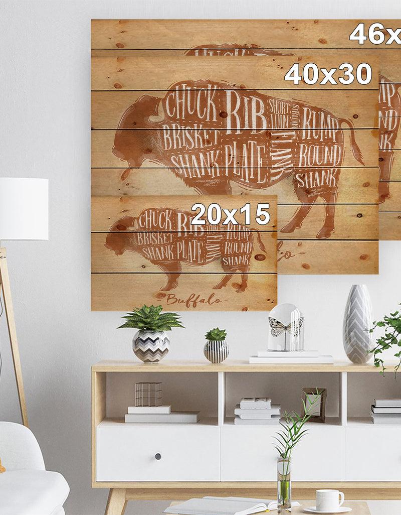 Designq Buffalo Cutting Scheme Craft - Farmhouse Animal Painting Print On Natural Pine Wood