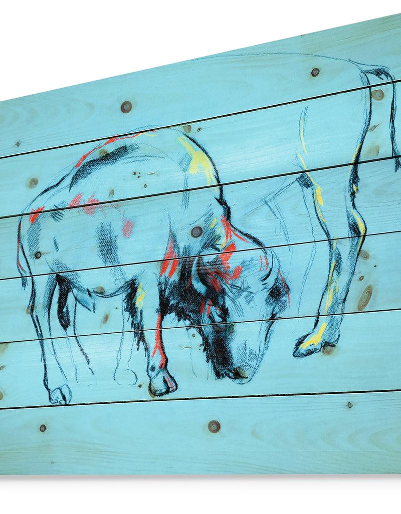 Designq Buffalo Painting In Blue Background - Animals Sketch Painting Print On Natural Pine Wood