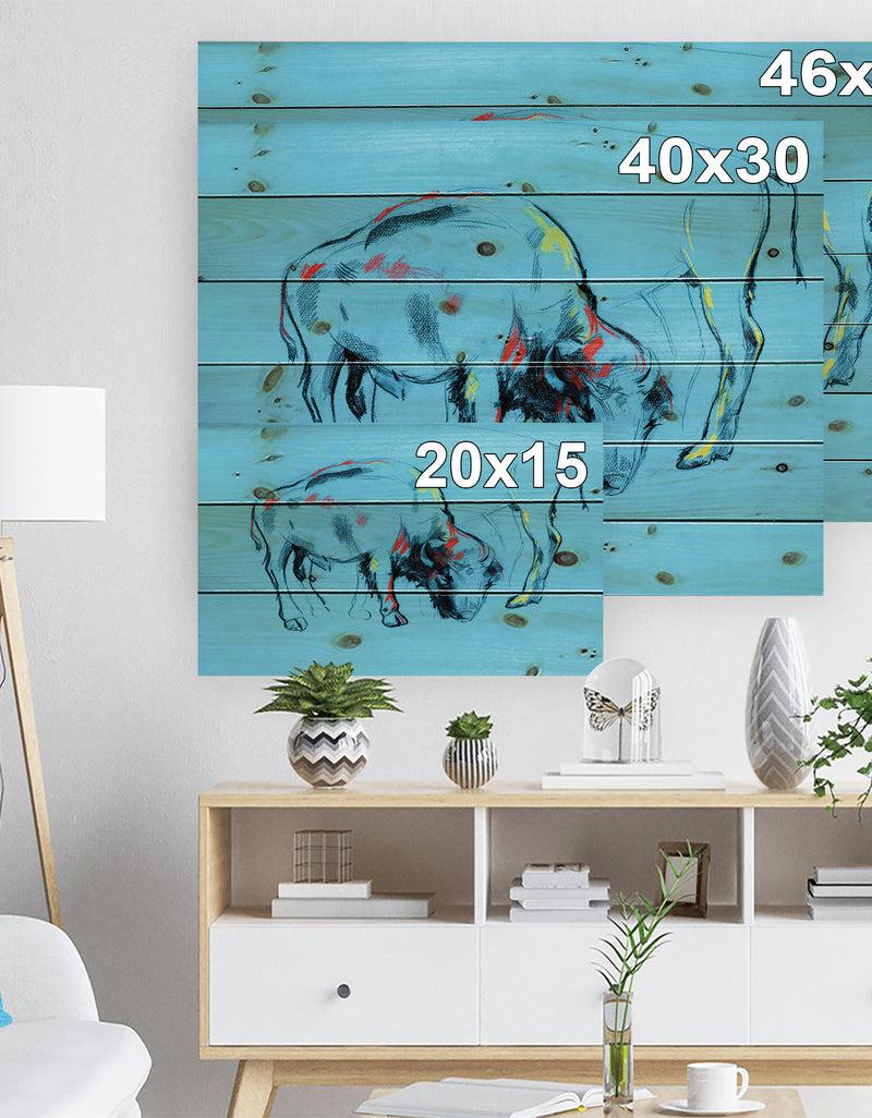 Designq Buffalo Painting In Blue Background - Animals Sketch Painting Print On Natural Pine Wood