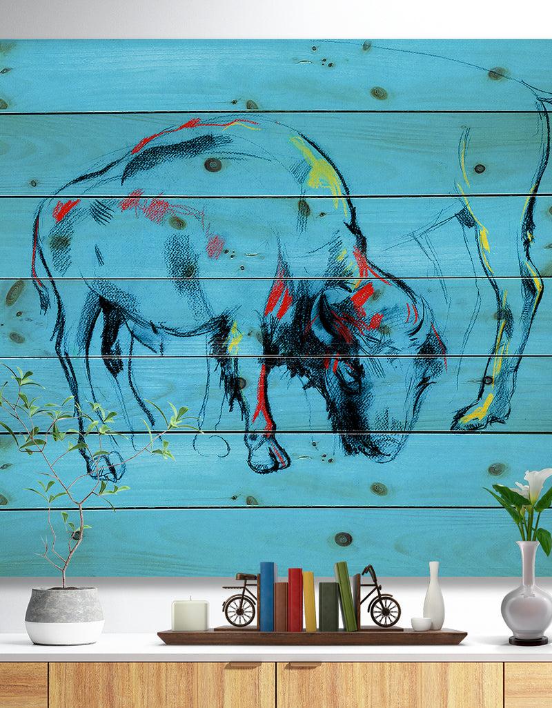 designq Buffalo painting in Blue background - Animals Sketch Painting Print on Natural Pine Wood