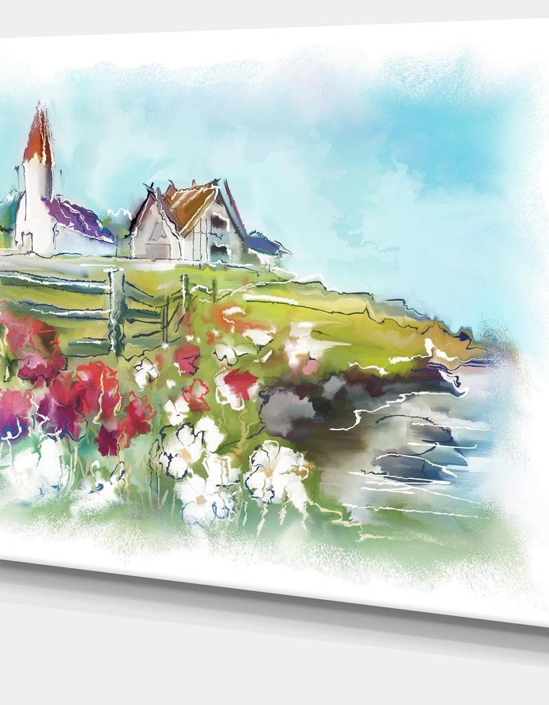 Designq Buildings In Green Meadow - Landscape Painting Canvas Print