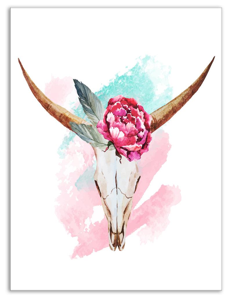Designq Bull Skull And Flower - Floral Digital Canvas Art Print