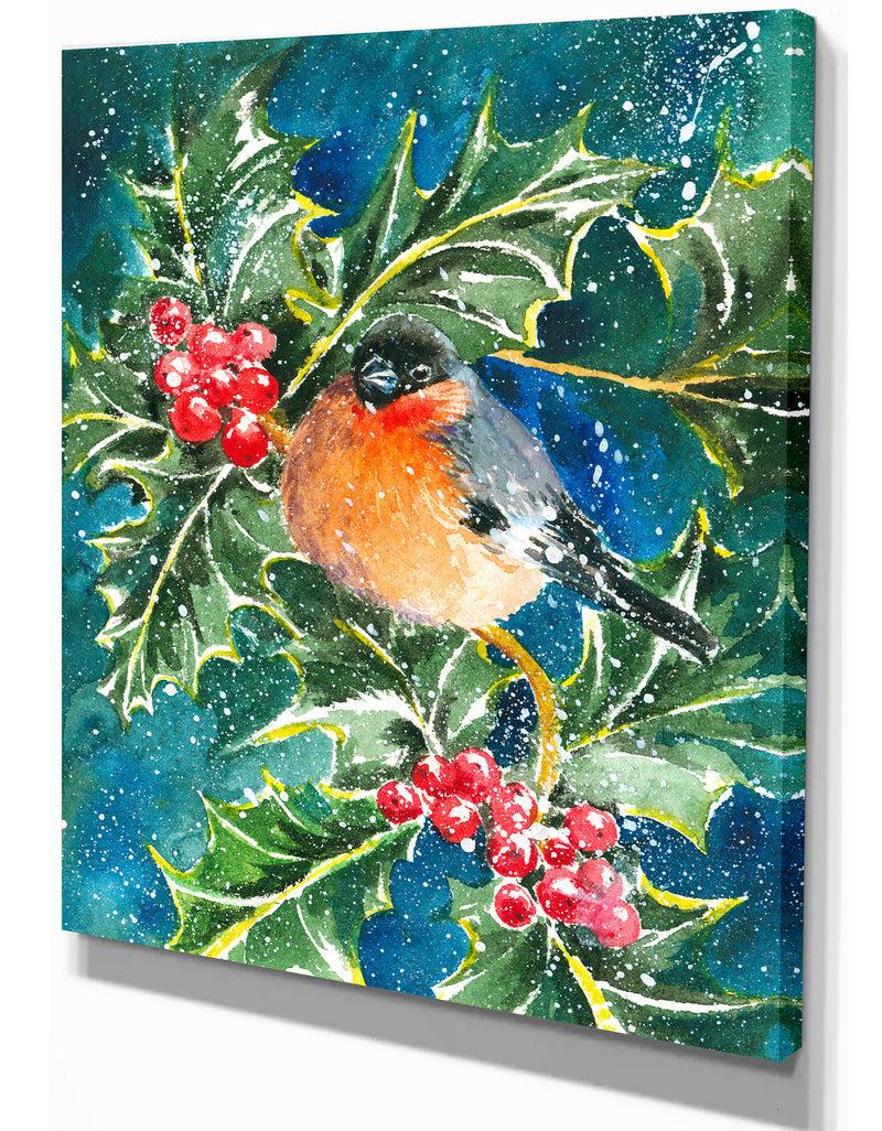 Designq Bullfinch And Holly - Animals Painting Print On Wrapped Canvas
